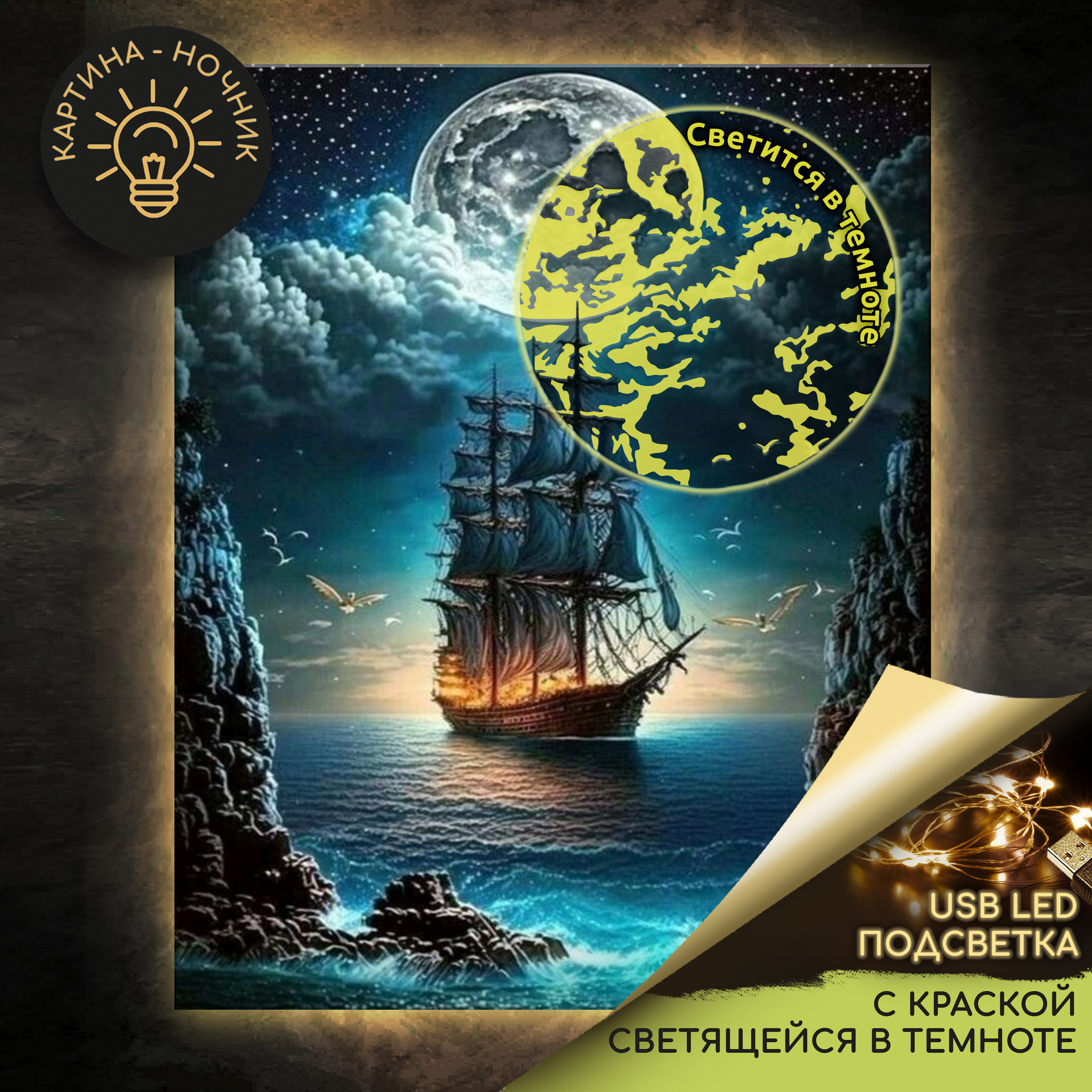 картинка Картина по номерам со свет. краской 40х50 Корабль в лунном свете LED подсветка от магазина Игрушки-