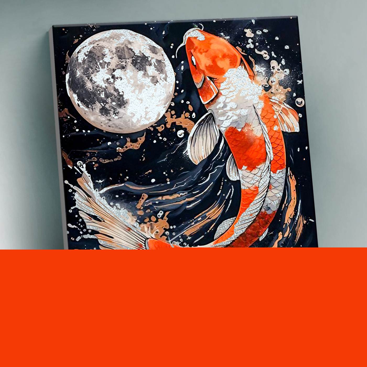 картинка Картина по номерам 40х50 с поталью платина на черном холсте  Танец карпа кои с луной от магазина Игрушки-