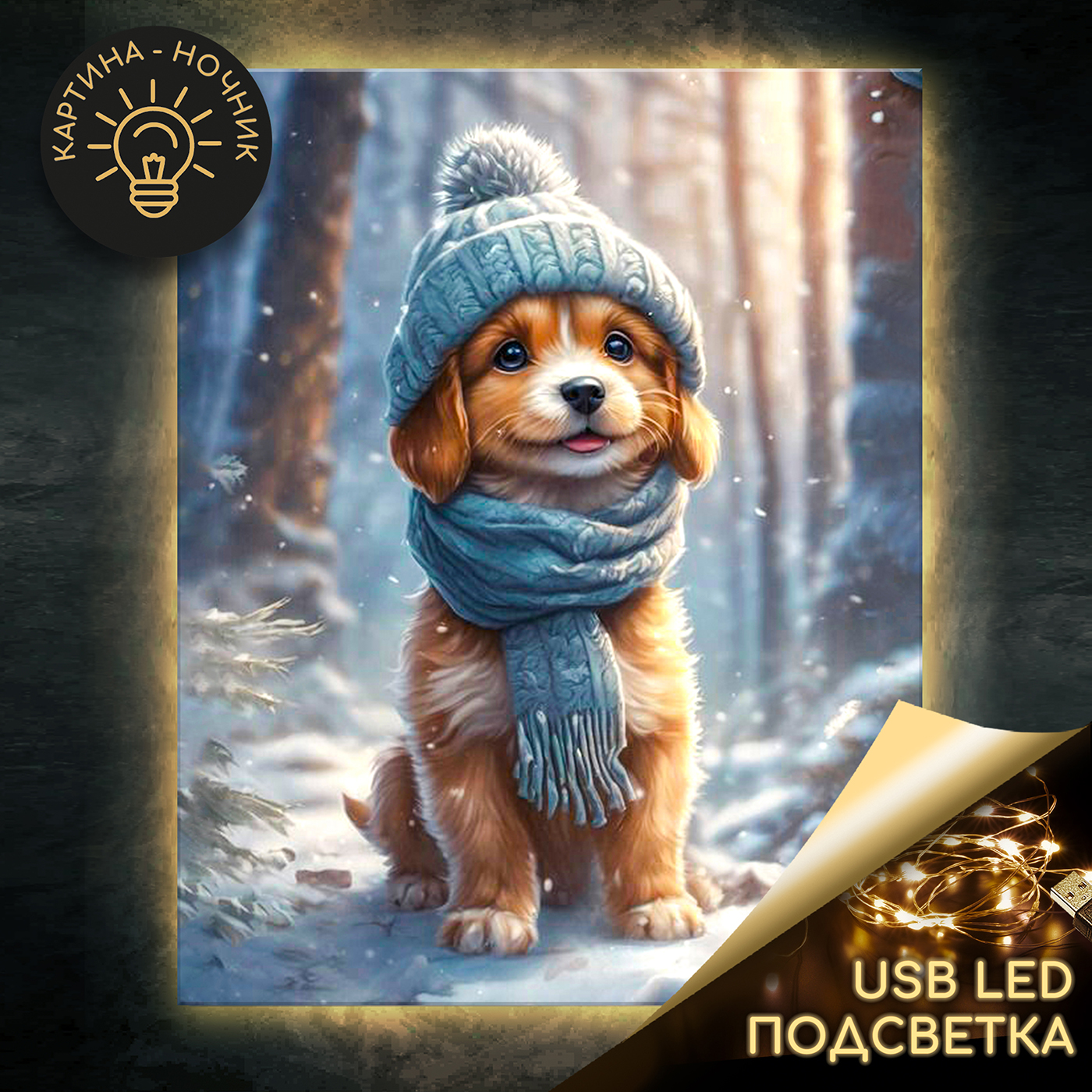картинка Картина по номерам 40х50 Щенок на зимней прогулке USB LED подсветка от магазина Игрушки-