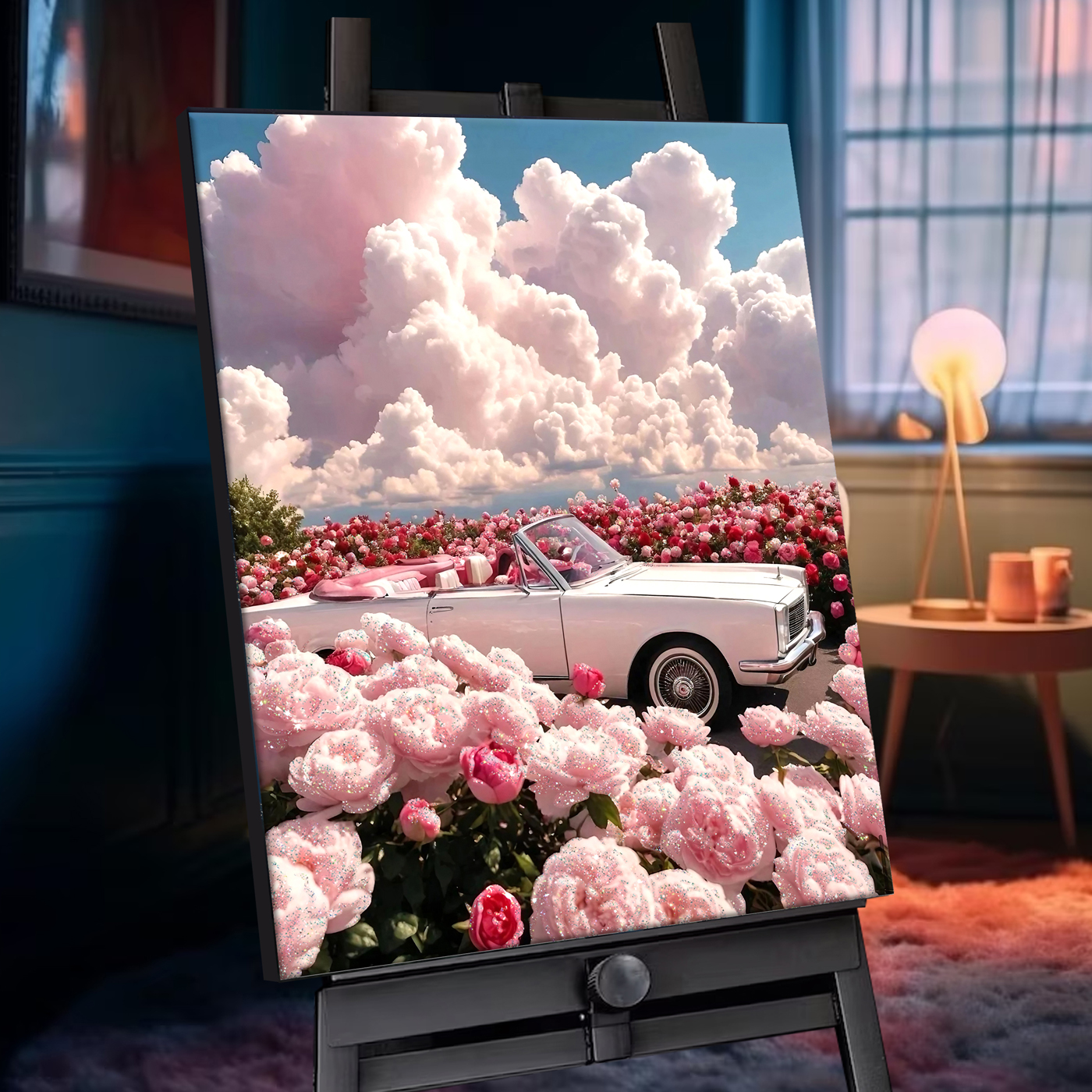 картинка Картина по номерам с кристаллами из хрусталя 40х50 Кабриолет в розовых цветах от магазина Игрушки-